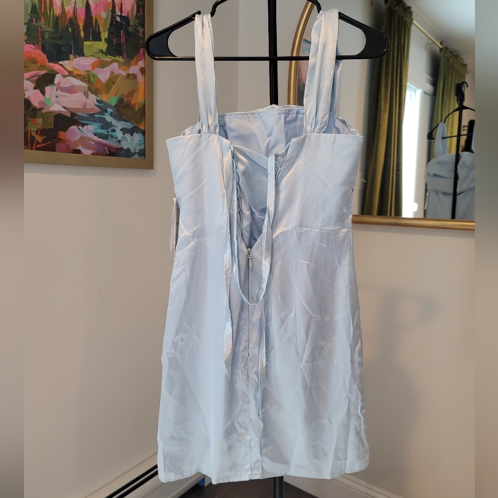 NWT Wear Your Love Light Blue Satin Off Shoulder Mini Dress Clear Straps Size 4 - Picture 4 of 6